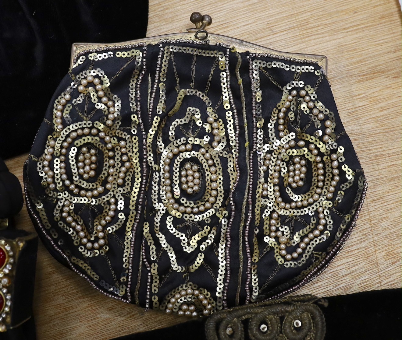 Two 1930’s-40’s evening bags with diamanté encrusted Bakelite frames together with five others with similar diamanté clasps (7)